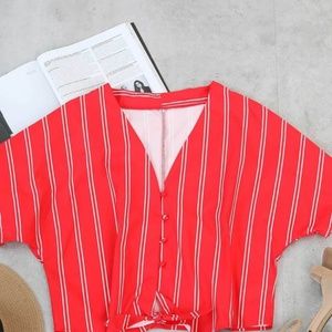 Red Shirt with White Stripes and Tie Front